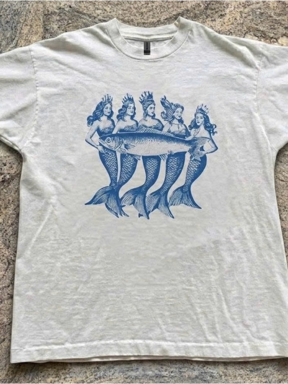 Gildan White Short Sleeve Tee with Blue Mermaid Graphic
